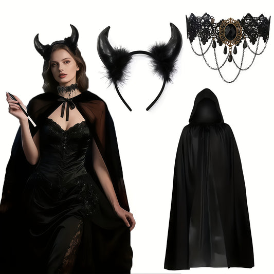 3 PCS Set Women's Gothic Witch and Demon Costume Set, Black Cloak Outfit, Suitable for Halloween, Carnival, Demon Wizard Cosplay Parties, Bachelorette Parties, and Stage Performance Props
