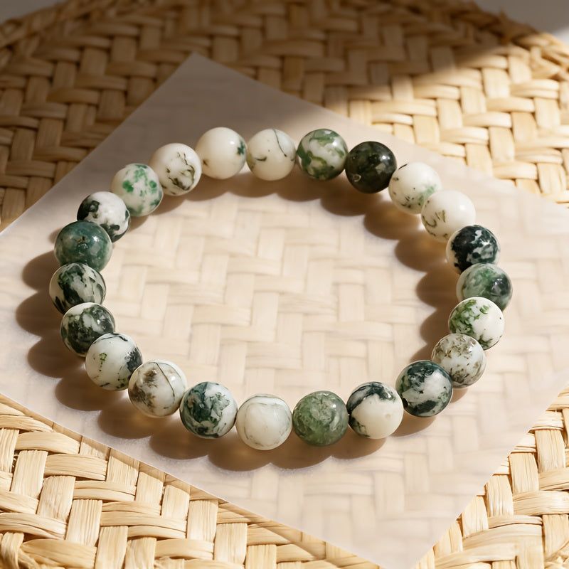 Natural Stone Moss Agate Bracelet, Unisex, Fashionable and Classic, Versatile with Various Outfits, Handcrafted Beaded Bracelet, Gift for Best Friends, Sisters, and Elders, 8mm Round Green Beads