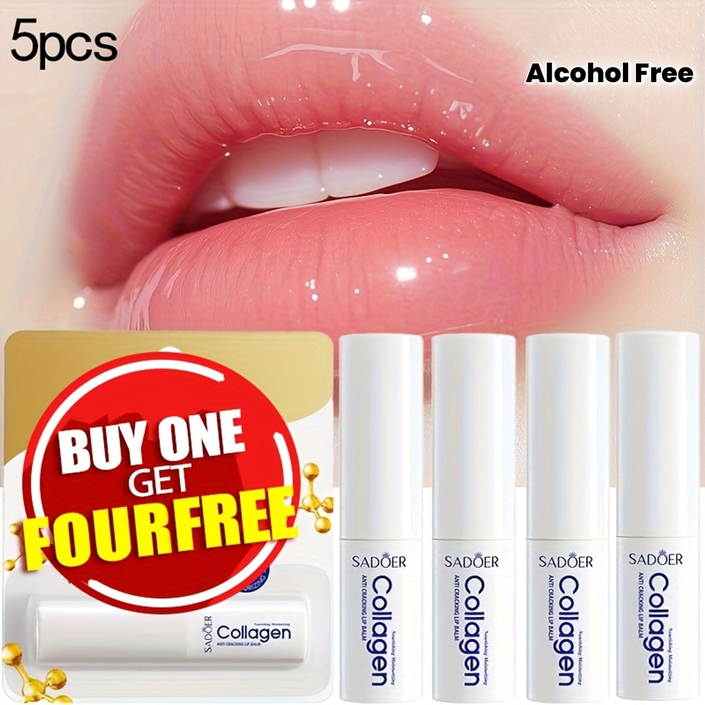 5 PCS Set Korean Collagen Lip Balm - Moisturizing & Nourishing Lip Care, Hypoallergenic, Glossy Finish, Perfect for Spring, Autumn, Winter, Ideal Gift, All Skin Types, Lip Care Essentials | Glossy Finish Lip Balm | Gentle Tex