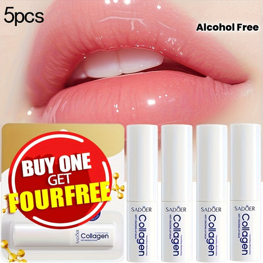 5 PCS Set Korean Collagen Lip Balm - Moisturizing & Nourishing Lip Care, Hypoallergenic, Glossy Finish, Perfect for Spring, Autumn, Winter, Ideal Gift, All Skin Types, Lip Care Essentials | Glossy Finish Lip Balm | Gentle Tex