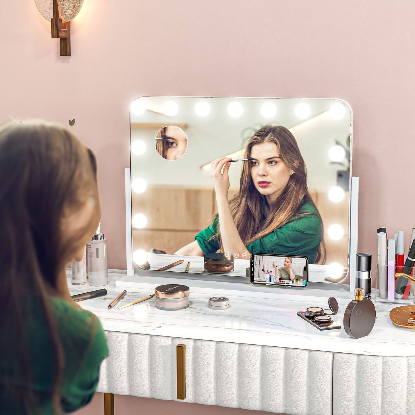 Hollywood Vanity Mirror with Lights, Large 63x50 cm Lighted Makeup Mirror with 3 Colour, 14 LED Bulbs, 10X Magnifying, USB Charging Port, Phone Holder, 360 Rotation, Touch Screen