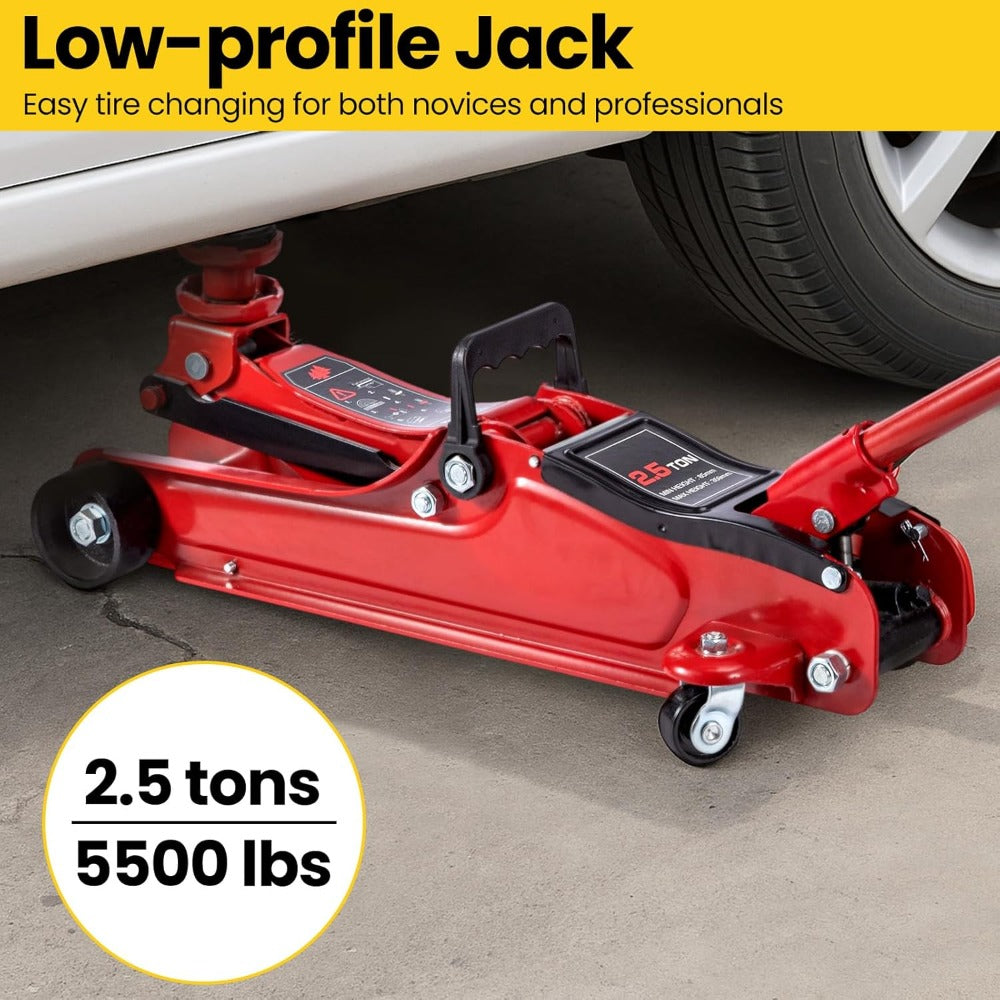 Flat Tire or Mechanical Issues? No Worries, 2.5 Ton Hydraulic Low Profile Floor Jack Heavy Duty Trolley Lift for Car Van Truck Trailer Auto Repairing Garage Tool (Red)