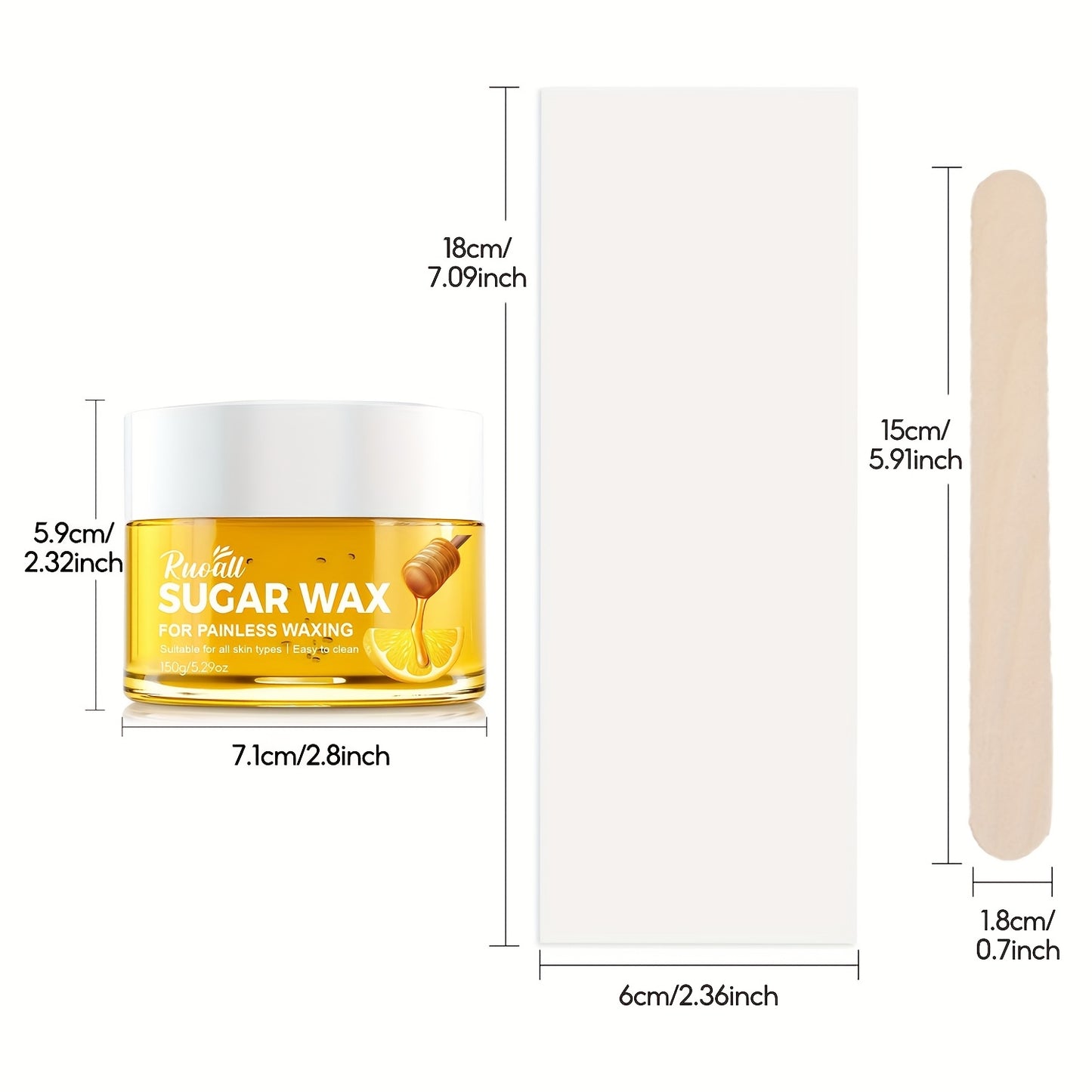 150G/5.29Oz Sugar Wax Hair Removal Kit (Five Wax Strips + Three Wooden Sticks), Features a Gentle And Non-Irritating Formula, Effectively Removes Hair Without Residue, Suitable for The Entire Body, Compatible with Various Hai