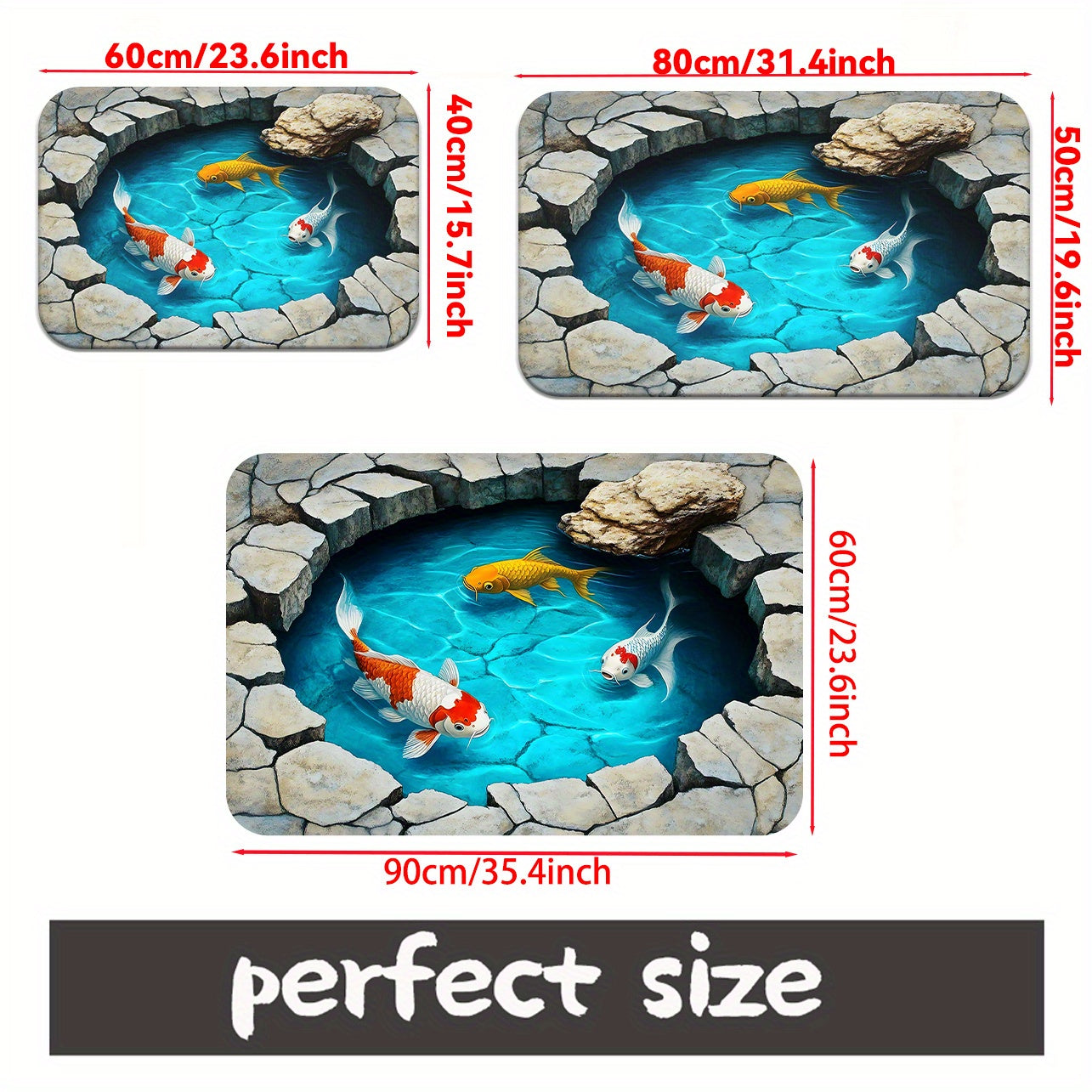 2D Carpet with Koi Fish Design | Flannel and Polyester, Machine Washable, Suitable for Bathroom, Bedroom, Living Room Entrance | Durable and Decorative Bath Mat