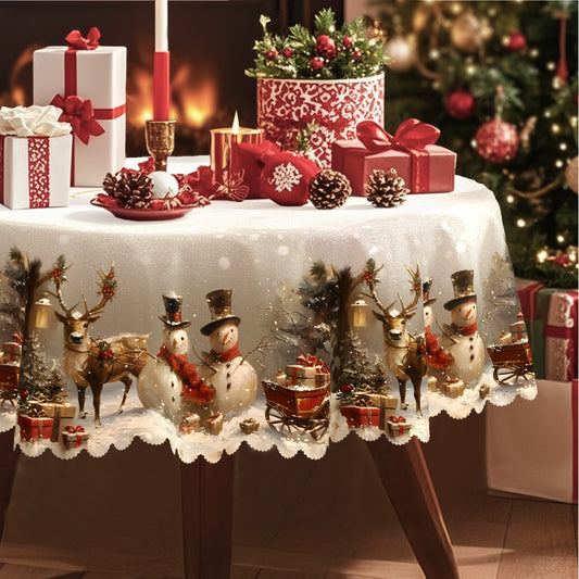 1pc Vintage Christmas Tablecloth - Red & Green Holiday Party Decorations - Retro Snowman, Reindeer, Christmas Tree Winter Scene - Durable Polyester Table Cover Fits Rectangular, Round, Oval Tables - Indoor/Outdoor Dining Deco