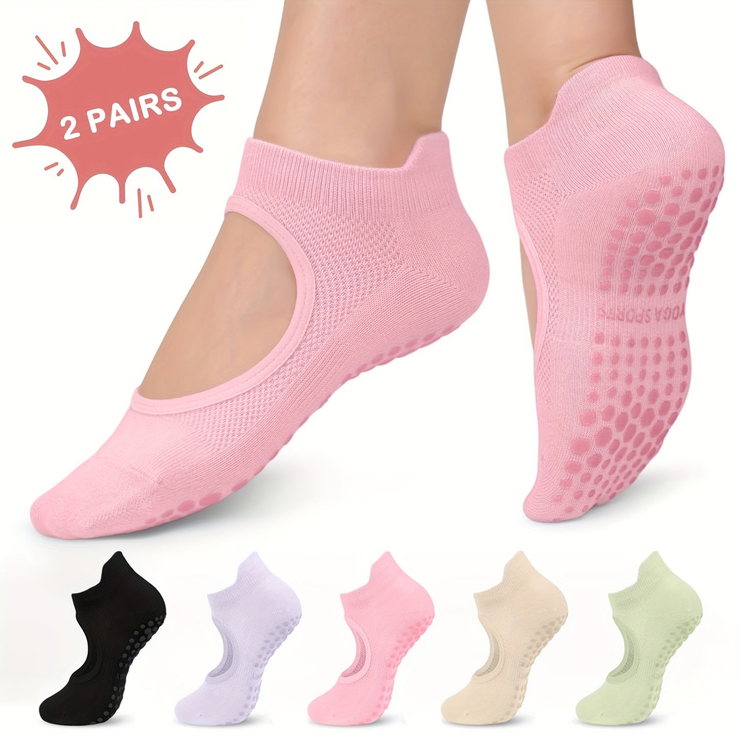 2 Pairs Set 5 Colors Pilates Socks with Grips for Women, Open Top Yoga Socks, Non Slip Grippy Athletic Socks for Workout, Barre, Dance - Breathable Pilates and Ballet Dance Grip Socks