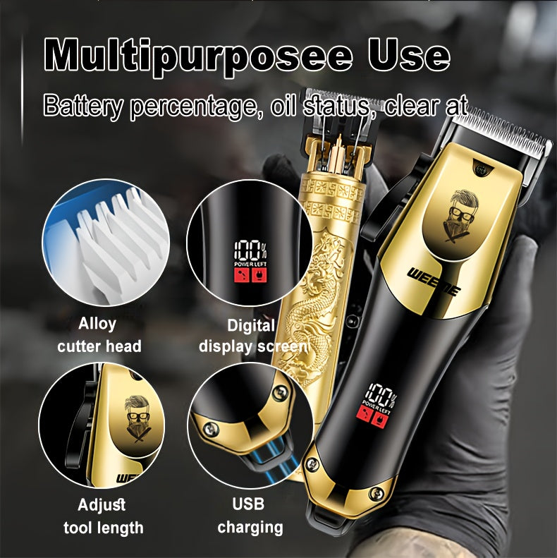 3pcs Men's electric hairdresser set, hairdresser hairdresser set, household electric hairdresser set, USB charging electric hairdresser, alloy knife head, LCD display, carving shape, household car travel use, Father's Day gi