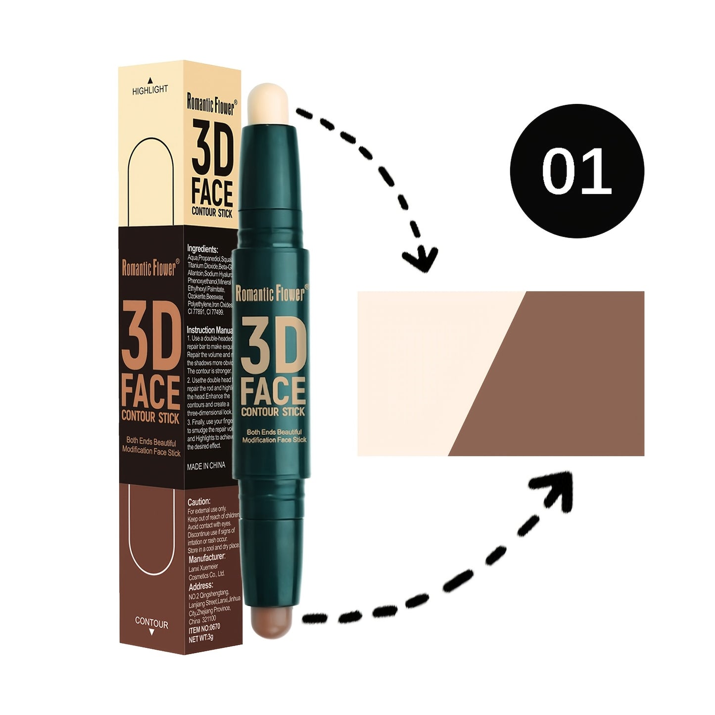 Double Head Contour Stick, Highlights & Contour & Concealer 3D Face Waterproof Long Lasting Makeup with Plant Squalane Women Make-Up Accessories Cosmetic Supplies
