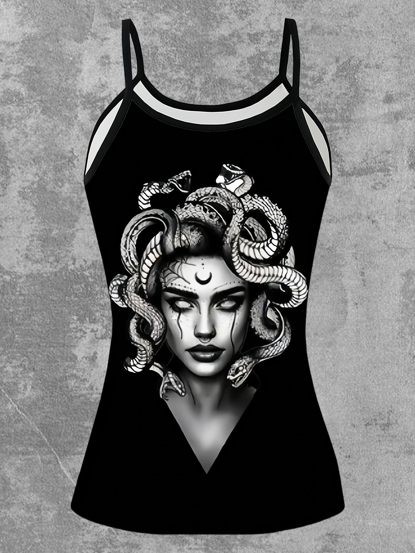 Women's Greek Goddess Medusa Print Sleeveless Dress-like Top - Greek Key & Medusa Design, Black & Green Summer Blouse, Machine Washable Elegant Casual to Party Wear, Backless Tops For Women, Backless Blouse, Festival Tops, Ba