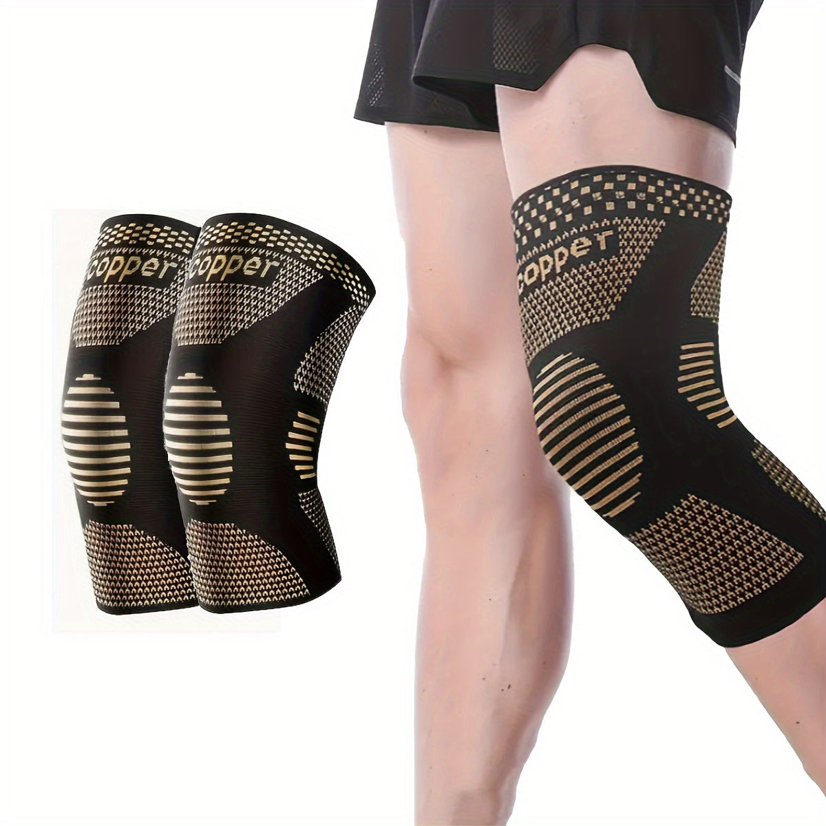 2 PCS Set Copper Compression Knee Sleeve, Anti-Slip Knitted Knee Support Brace, Breathable Fabric, Patella Sports Runners Injuries Treatment Knee Sleeves Health Care Accessories