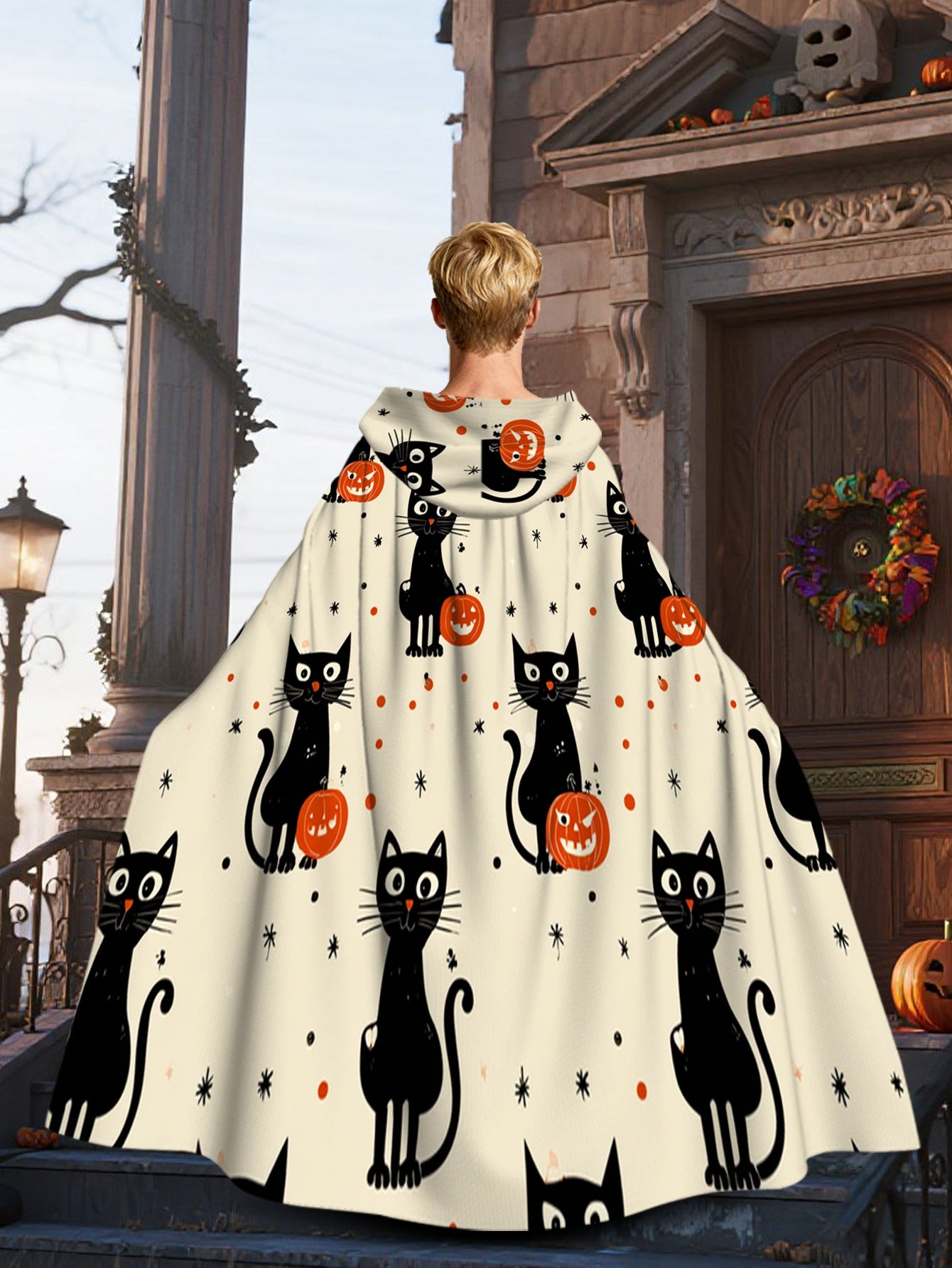 All-Season Witchcraft Halloween Hooded Cape Costume - Black & White Print with Witch Hat, Loose-Fit Witch/ Costume Accessory for, Machine Washable (Halloween Party Outfit, Carnival Cosplay Masquerade)