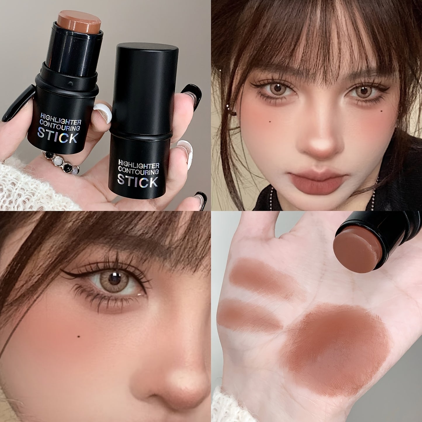 4 PCS Set  Contour Stick with Highlighter, Blush, Bronzer & Golden Powder Brush - Waterproof Cream for All Skin Tones, Buildable Coverage, Sculpting & Highlighting for Face - European Formula