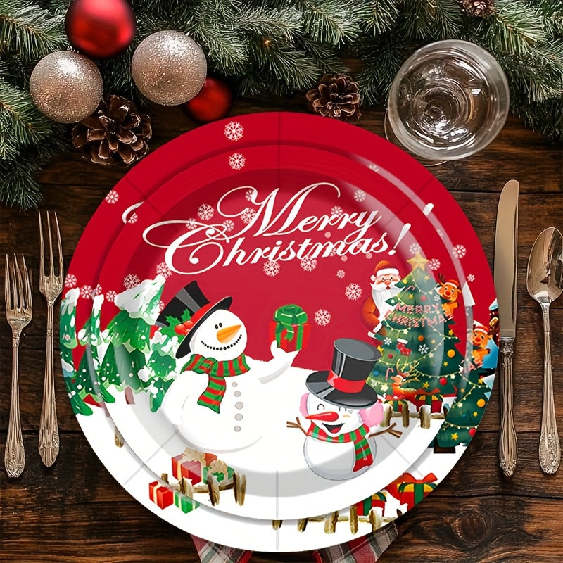 30pcs Festive Christmas Party Tableware Set - 22.86cm & 17.78cm Snowman Themed Paper Plates and Cups with "Merry Christmas" Design, Food-Safe Paper for Holiday Celebrations, Christmas Decorations, Perfect for Thanksgiving for