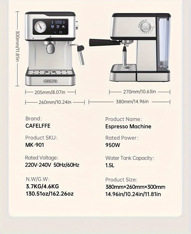 Italian Semi-Automatic Espresso Machine with Built-in Milk Frother & Steam Wand, 20 Bar Pump Stainless Steel Coffee Maker for Latte, Cappuccino, Americano, 1.5L Detachable Water Tank, Smart Touch Panel, Programmable Settings,
