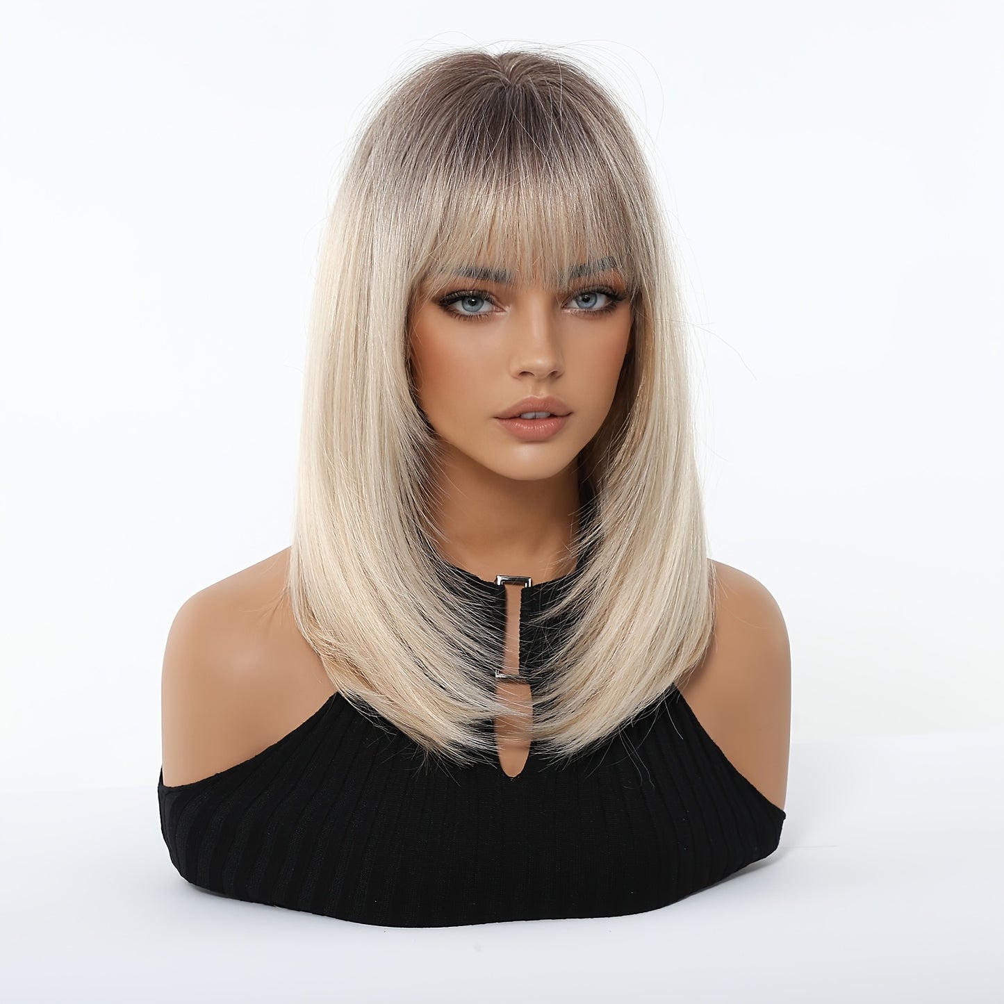 NEW Women's Short Straight Bob Wig with Bangs - White/Golden Dark Root Short Cut Synthetic Hair, Heat-Resistant Fiber Suitable for Daily Use, Parties, Photo Shoots - No Lace Front Women Hair Care Supplies