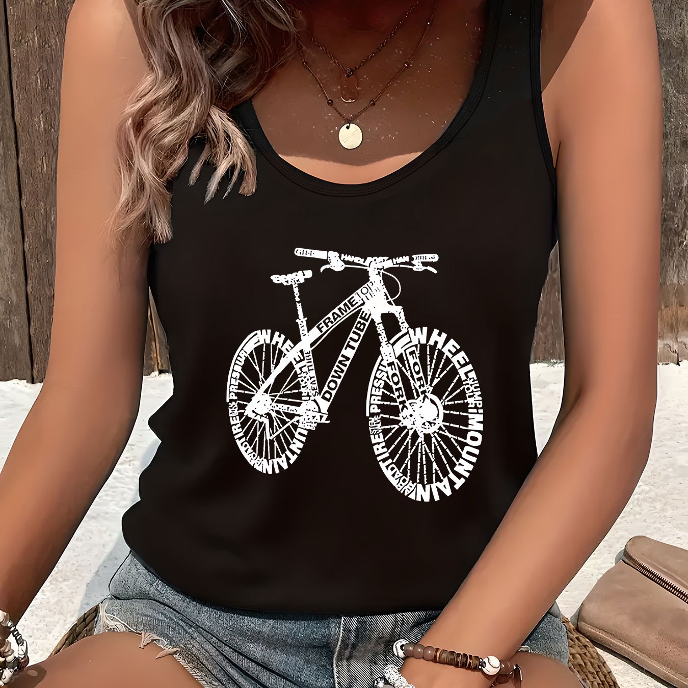 For Big Girls XL-5XL UK(18-26) Plus Size Women's Casual Mountain Bike Graphic Tank Top Features a Letter Pattern Print in Black, Designed for Cycling Enthusiasts. Stylish And Comfortable Sleeveless Shirt Suitable for All Seas
