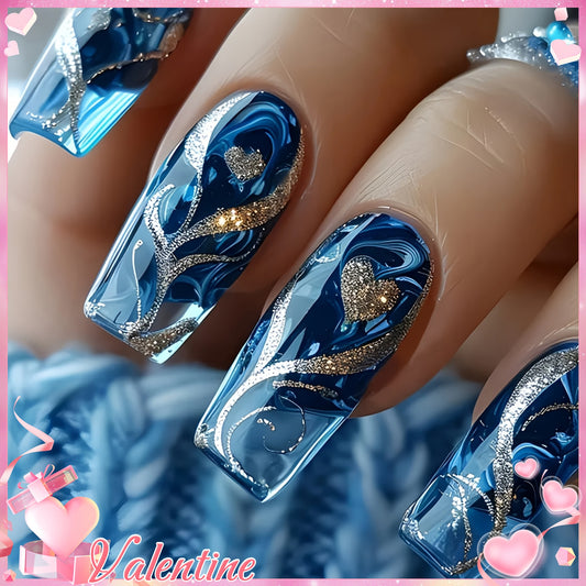 24 PCS Set This Summer-Themed Nail Art Features a Easy Glittery Golden Heart Pattern, Perfect for Women And. It's Ideal for Various Occasions Such As Work, Travel, Parties, Masquerades, Nail Salons