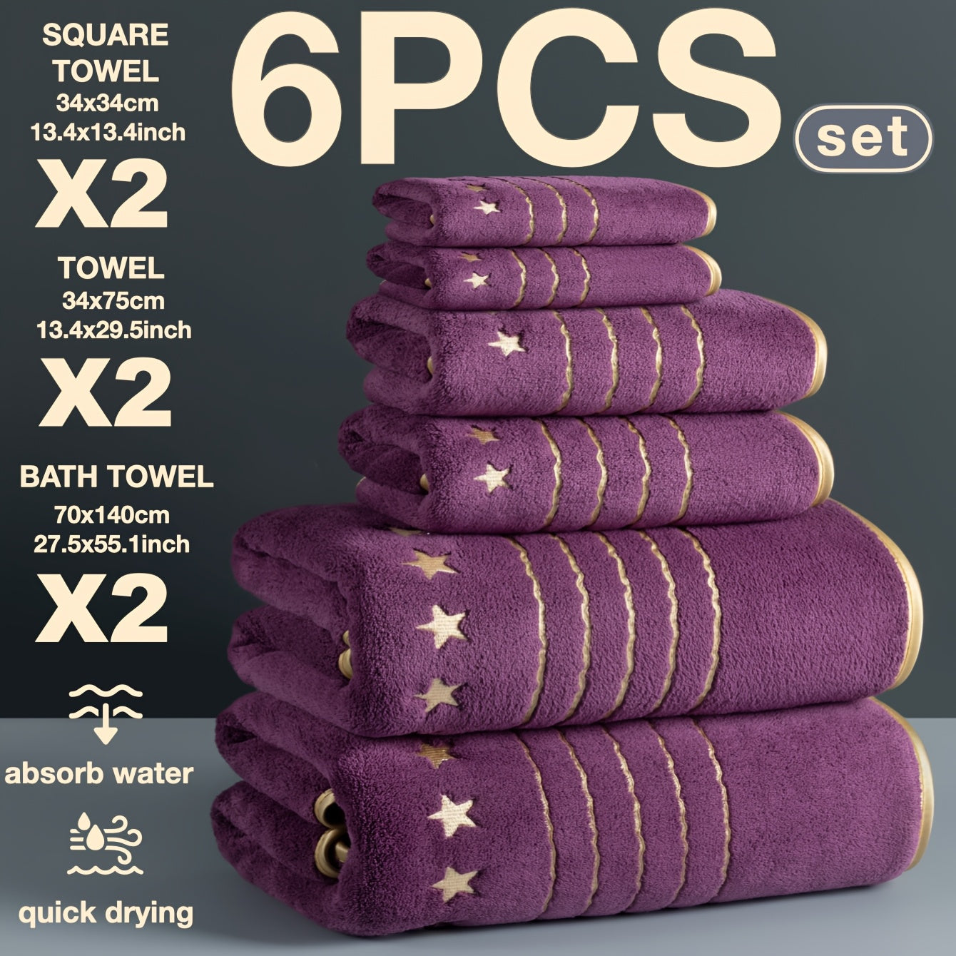 4/6-PCS Set Ultra-Soft Golden Thread Light Luxury Five-Star Embroidered Towel Bath Towel Set, 2 Bath Towels 69.85 X 139.95 cm, 2 Hand Towels 34.04 X 74.93 cm, 2 Washcloths 34.04 X 34.04 cm, Perfect for Home, Hotel, and Spa Us