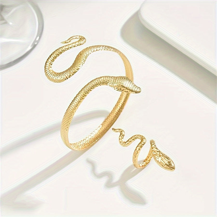 2 PCS Set of Dynamic Snake-Shaped Jewelry for Women, Featuring a Fun Snake-Pattern Bracelet And Ring , Designed with a Golden Plating for a Party- Jewelry Tools Sets