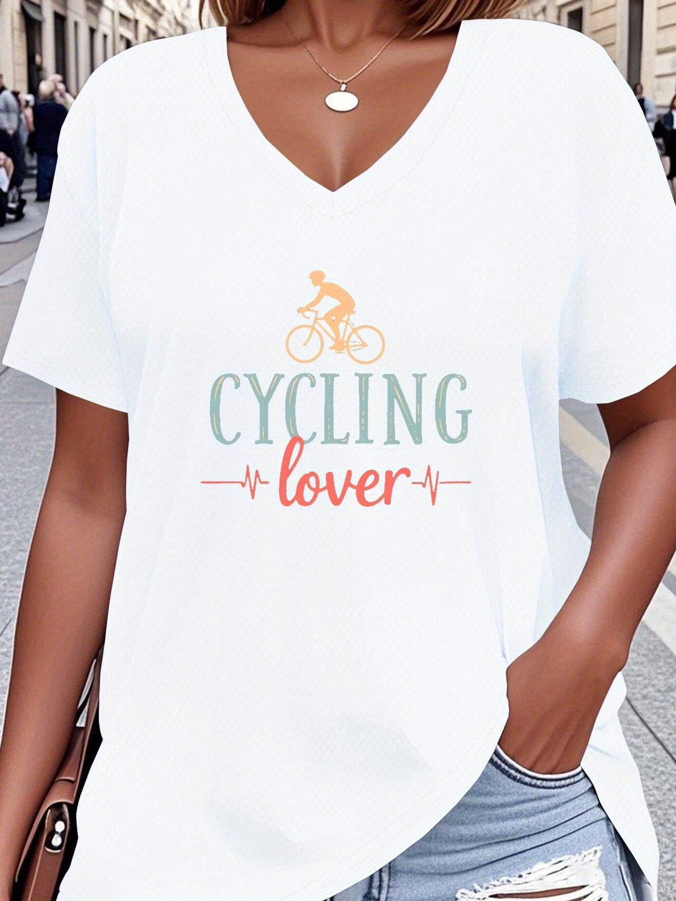 For Big Girls XL-5XL UK (18-26) Plus Size Women's Sporty Cycling Lover Heartbeat Graphic V-Neck T-Shirt - Breathable Fabric, All-Season Comfort, Machine Washable, Cycling Jersey, Leisure Wear, Casual Style, Comfortable Fit, A