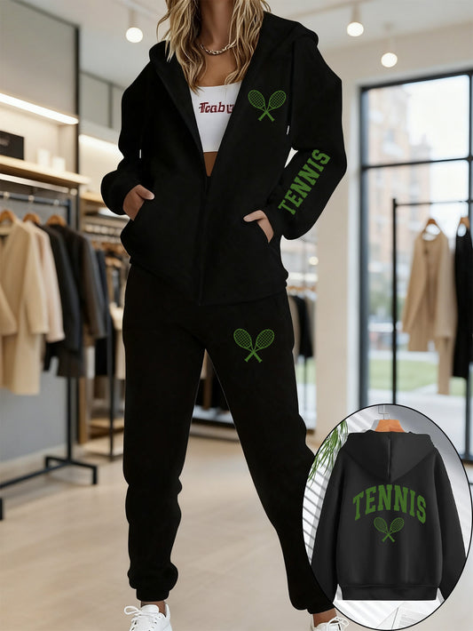 S-XL UK Size 5 Colors Women's sports suit, hooded zipper jacket+ sweatpants, with "TENNIS" text and tennis racket pattern on the front, sleeves, and back, suitable for tennis sports trends and daily casual wear scenes., Athle