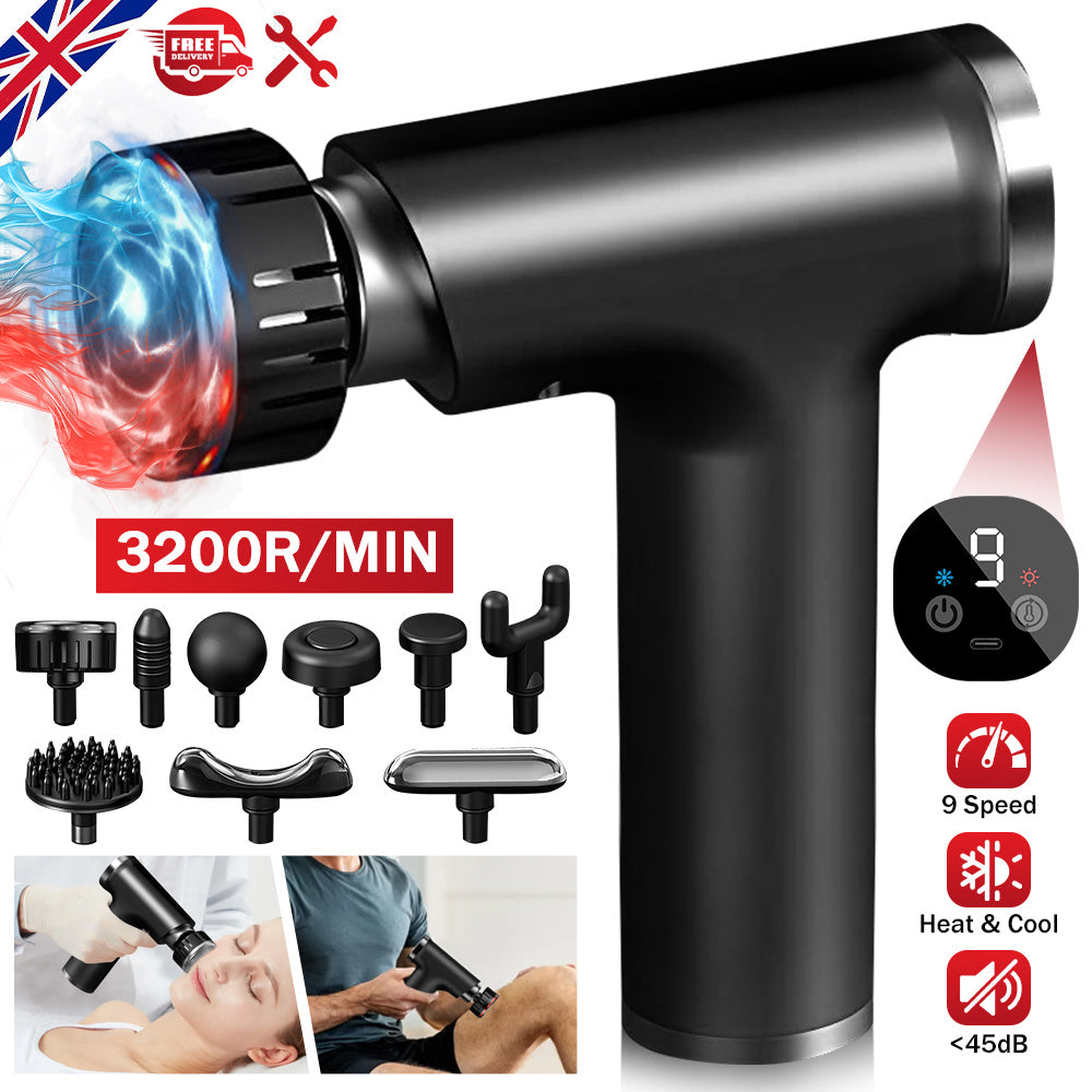 8 IN 1 Electric Massage Gun with Heat & Cold, Athlete Massage Gun, Multifunctional Fascia Gun Home Portable Gym Use Small Quiet Handheld Massager with LCD Touch Screen, 9 Heads for Shoulder, Body, Back, neck relaxation, Deep