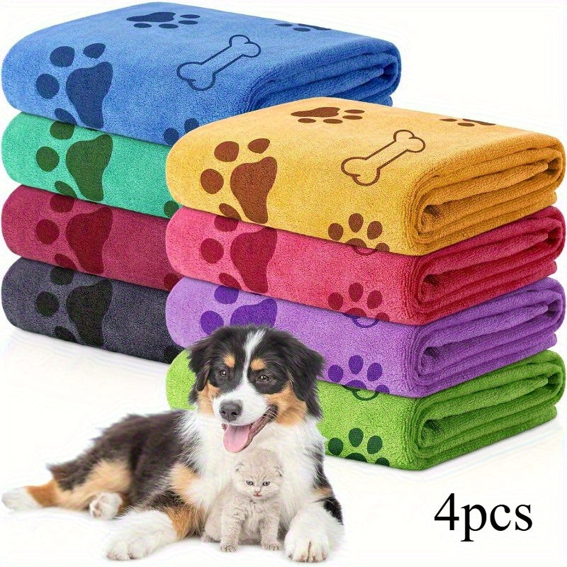 4 PCS Set Quick-Dry Pet Towels for Medium Dogs - Soft, Absorbent with Fun Paw Print Design, Ideal for Bathing, Grooming Towels | Playful Design | Durable Fabric