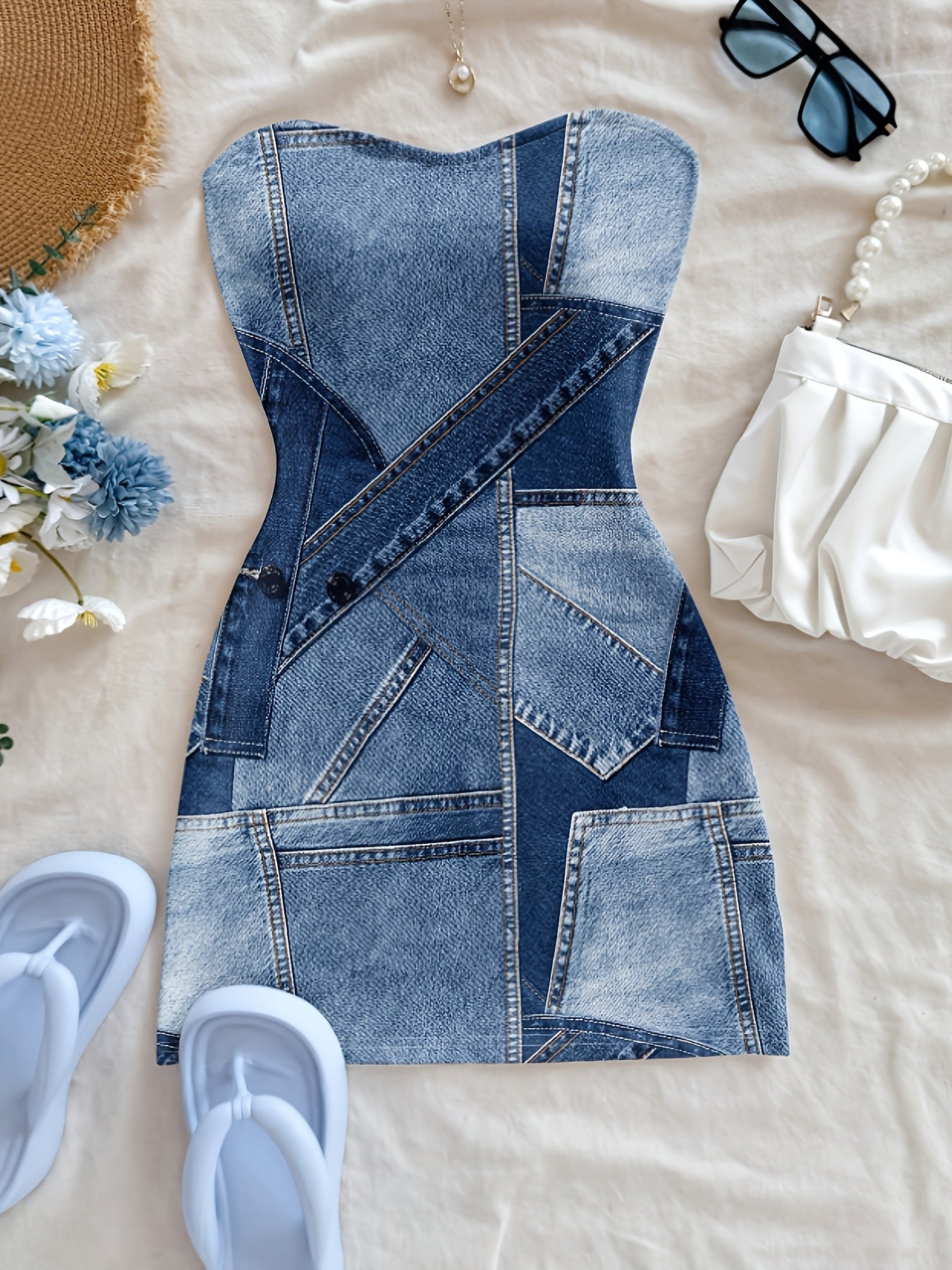 Siamese Cat Directional Print Denim Patchwork Dress Summer Outfit Women Casual Streetwear Clothes