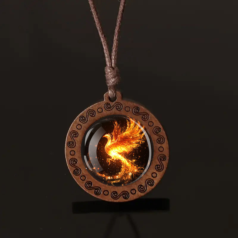 Adjustable Fire Phoenix Wooden Pendant Necklace - Vintage Boho Style, Glass Mosaic, Ideal for Daily Wear & Gifting, All-Season Accessory, Daily Wear Necklace|Vintage Boho Style|Adjustable Strap, Phoenix Jewelry