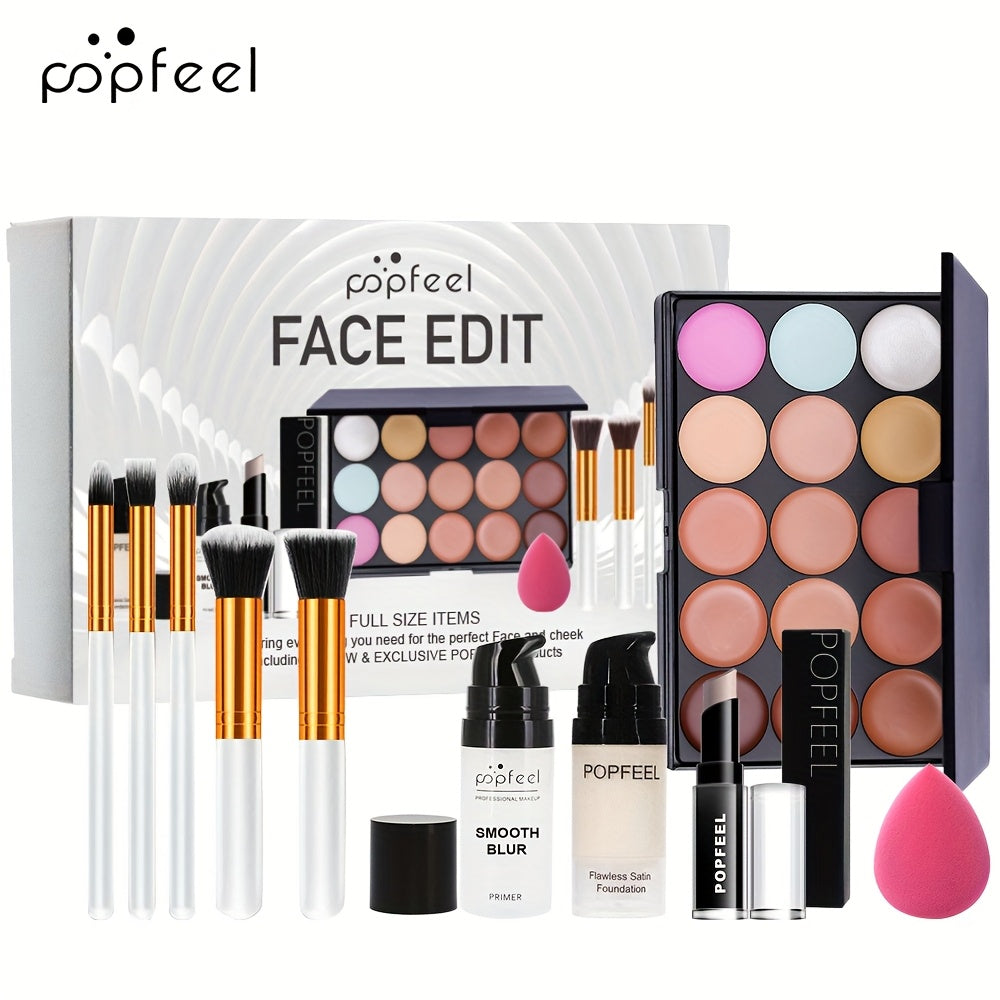 Complete Face Makeup Kit with Face Edit Palette - Waterproof & Sweatproof Long-Lasting Full Coverage, 12-in-1 All-in-One Palette with Primer, Foundation, Concealer, Powder, Blush, Contour, Highlighter, Bronzer, Eyeshadow, Li