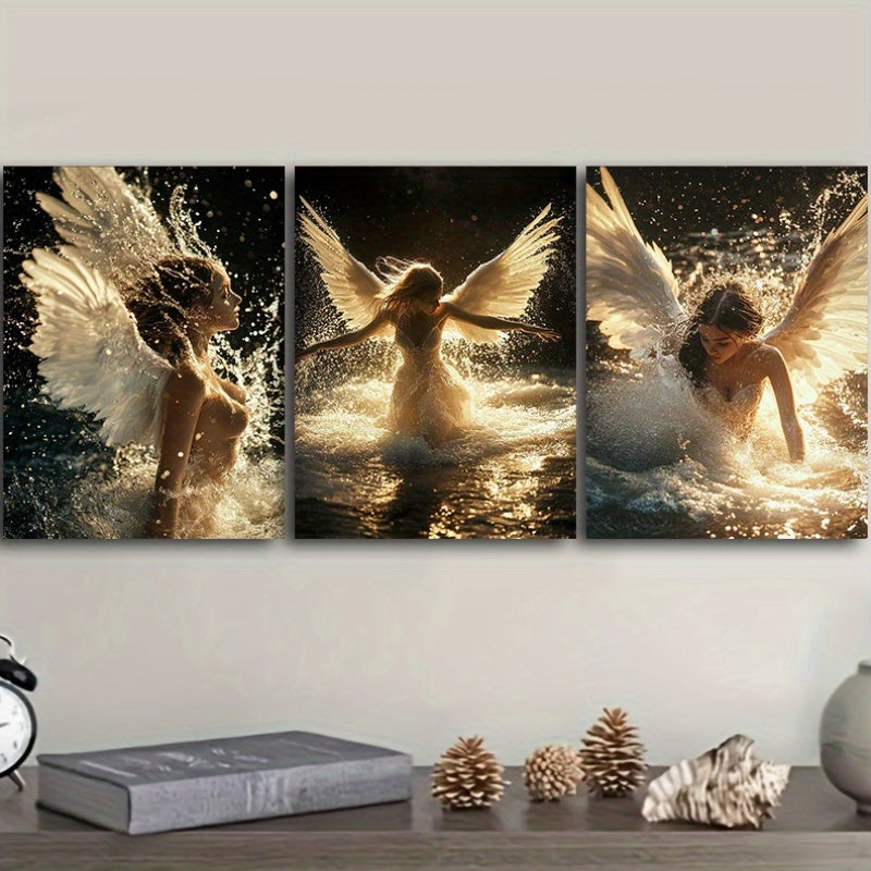 2D Flat Wrapped Canvas Painting 3pcs Set, Water Angel Canvas Wall Art, Modern Decorative Art Style, Wooden Frame Wrapped Canvas, Indoor Portrait Direction, Luxurious Wall Decoration, Suitable for Home, Office, Living Room, Di