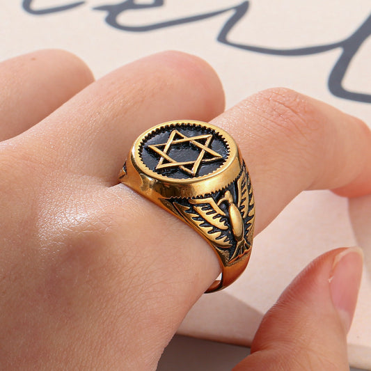 Secret Society Women's Men's 8-12 Size Stylish Golden Ring Featuring a Pentagram Design, Vintage And Cool Style, Suitable for Gatherings And Parties