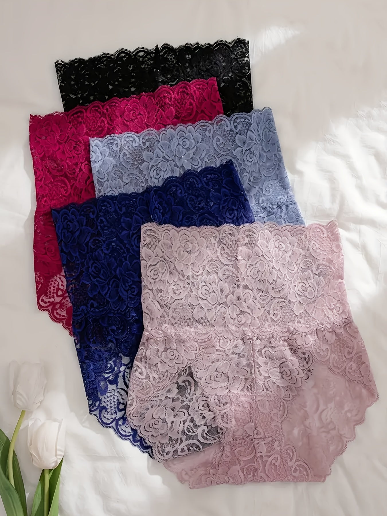 7pcs Set Women's High-Waisted Lace Underwear - Floral Print Bikini Briefs with Multi-Color Options (Black, Navy, Red, Pink, Beige,, Purple) - Full Coverage Opaque Triangle Panties, Hand Washable Lace Trim & High for