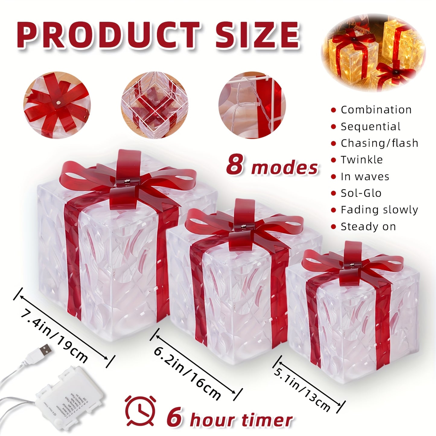 3PCS Set  Christmas Gift Box Light Set, Battery/USB Powered Transparent Warm Light Christmas Box with 8 Flashing Modes, Includes Timer Function, Suitable for Indoor Living Room Patio Party Christmas Tree Valentine's Day Chris