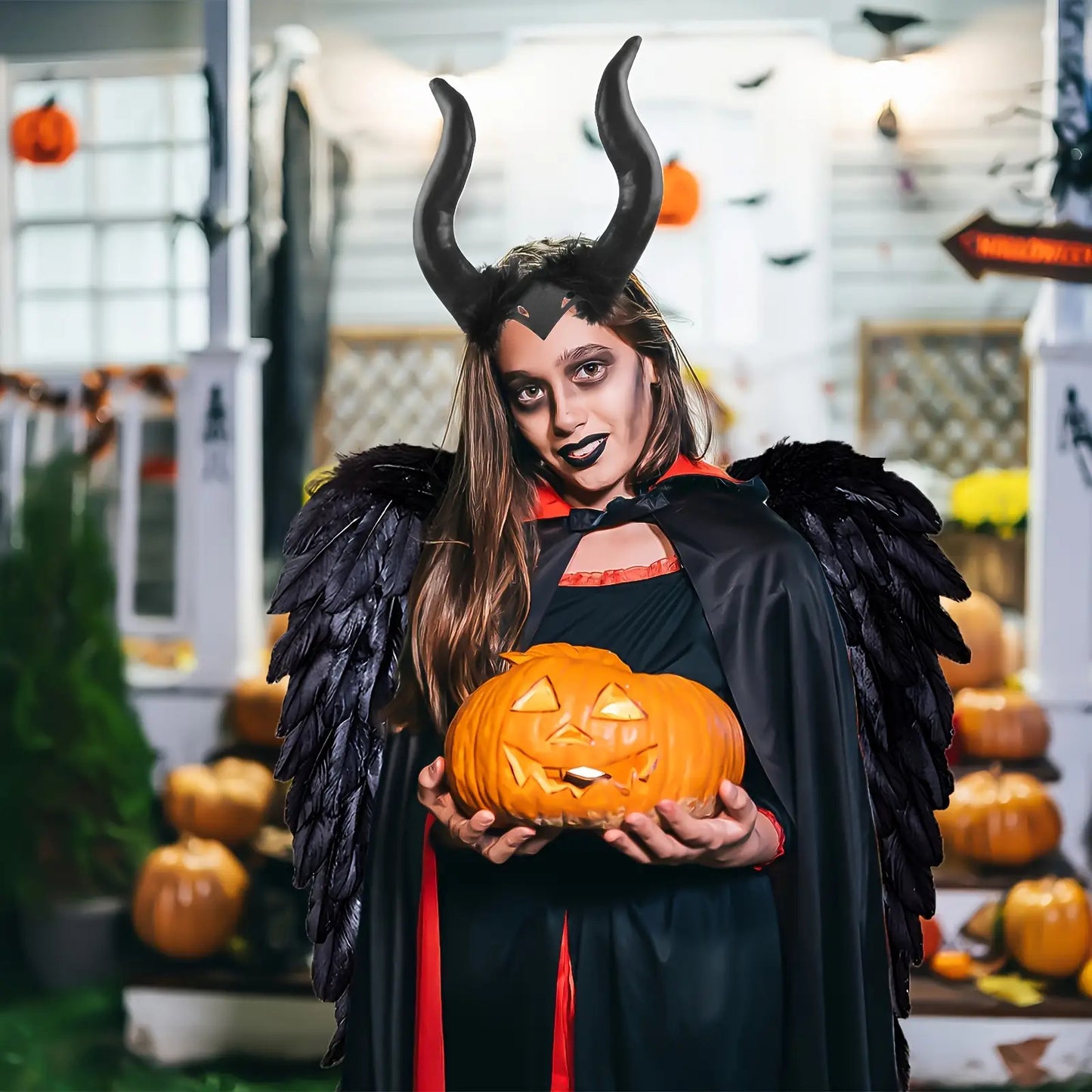 3 PCS Set Black Fallen Angel Costume Accessories Set, Including Wings Devil Horns Headband Witch Cane Halloween Clothing Supplies
