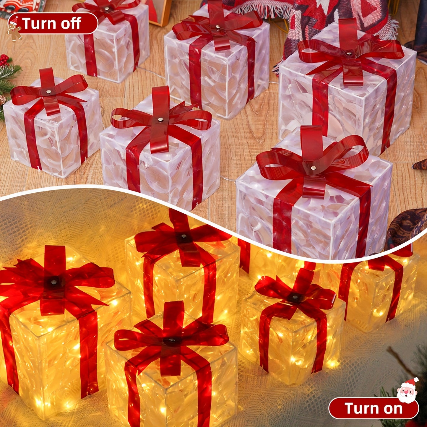 3PCS Set  Christmas Gift Box Light Set, Battery/USB Powered Transparent Warm Light Christmas Box with 8 Flashing Modes, Includes Timer Function, Suitable for Indoor Living Room Patio Party Christmas Tree Valentine's Day Chris