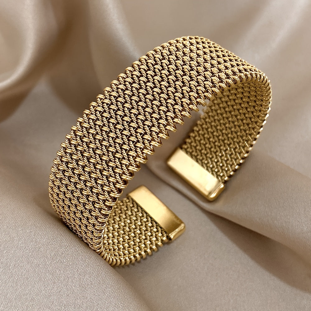 NEW Fashion  Woven Bracelet | 18K Golden Plated 304 Stainless Steel Metal Bracelet | Versatile Accessory for Daily and Party Occasions Silver and Golden Bracelet Women Jewelry Accessories