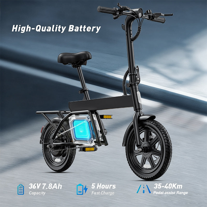 14inch Foldable Electric Bike, Mini City E-Bike, LCD Display, 36V 7.8Ah Battery, 250W Motor, 4 Riding Modes, 4 Speed Levels,25km/h Top Speed And 45km Max Range, With Rear Rack, Pedal Assist, Dual Disc Brakes, Night Lights, an