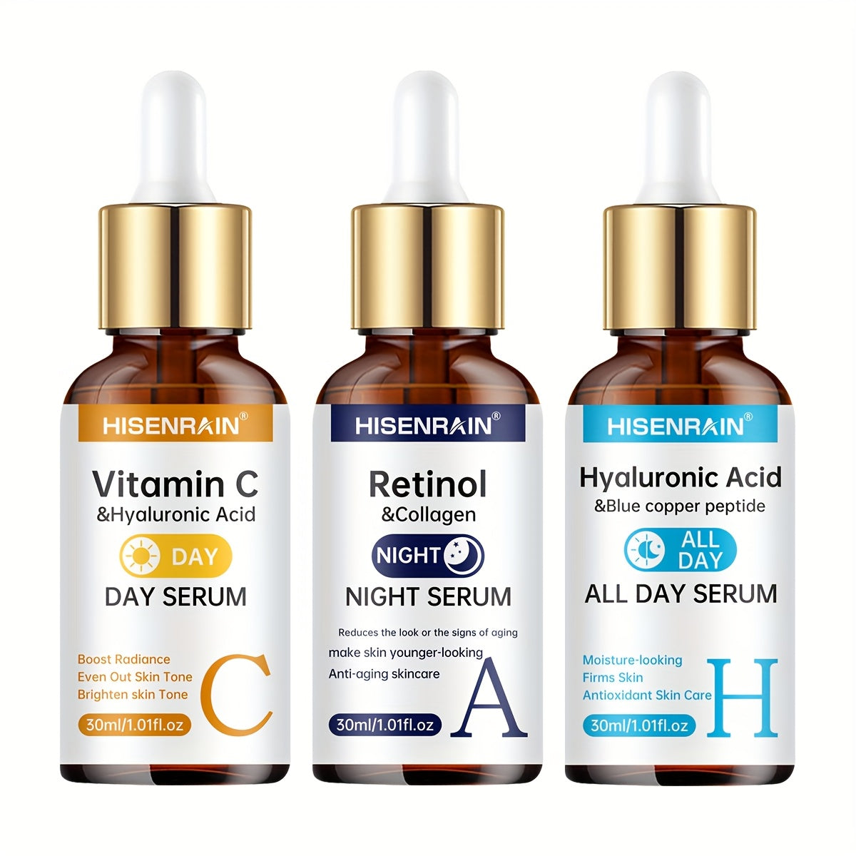 3 PCS Set All Day & Night Serum Set with Vitamin C + Retinol + Hyaluronic Acid (Contains Collagen + Peptides + Various Vegetable Oil Extracts) -Brightens Light Beige, Firms Skin, Controls Oil & Moisturizes, Deeply Hydrates. D