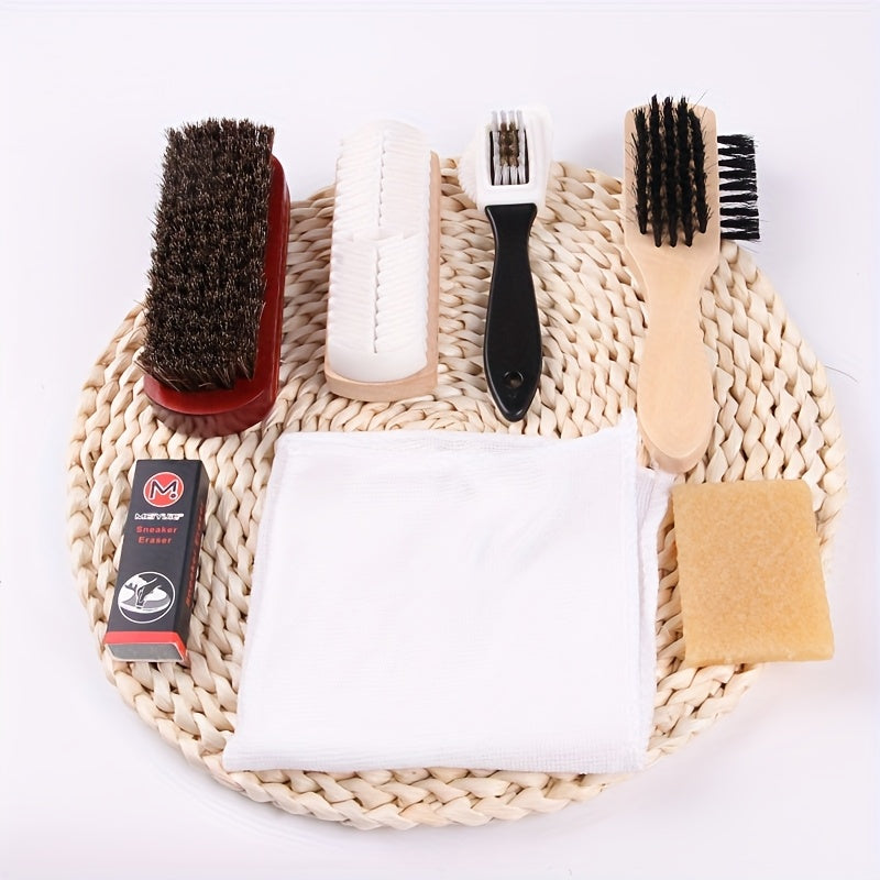 NEW 7pcs Variety Shoe Brush Kit - Double-Sided Shoe Polish Applicator & Horse Hair Brushes for Polishing - Nubuck & Suede Brush for Shoes, Soft Leather Cleaning with Microfiber Cloth