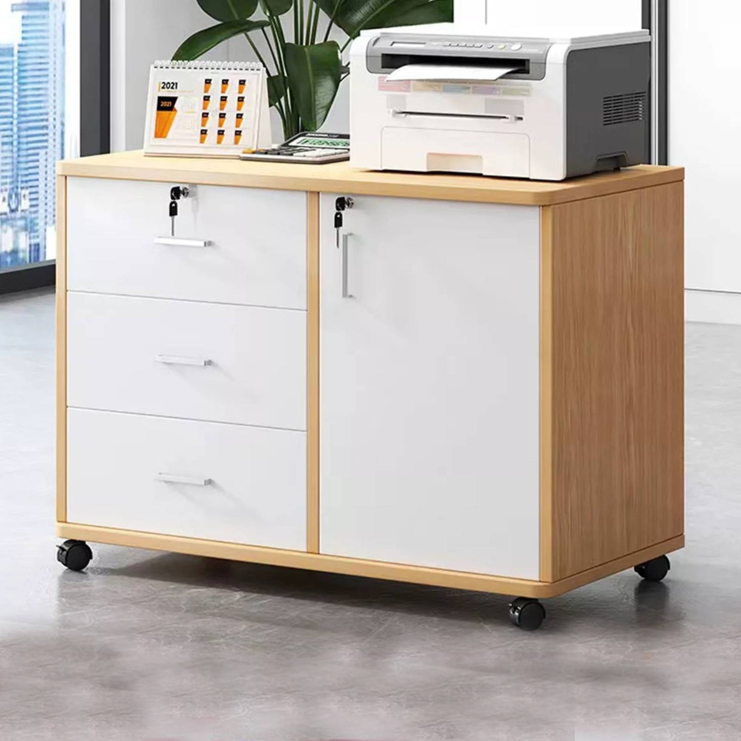 Three-Drawer File Cabinet, Movable Printer Stand with Adjustable Shelf, Rolling Lateral Filing Cabinet on Wheels, Bedside Storage Unit with Lock And Removable Wheels, Anti-Theft End Table for Document Storage in The Bedroom