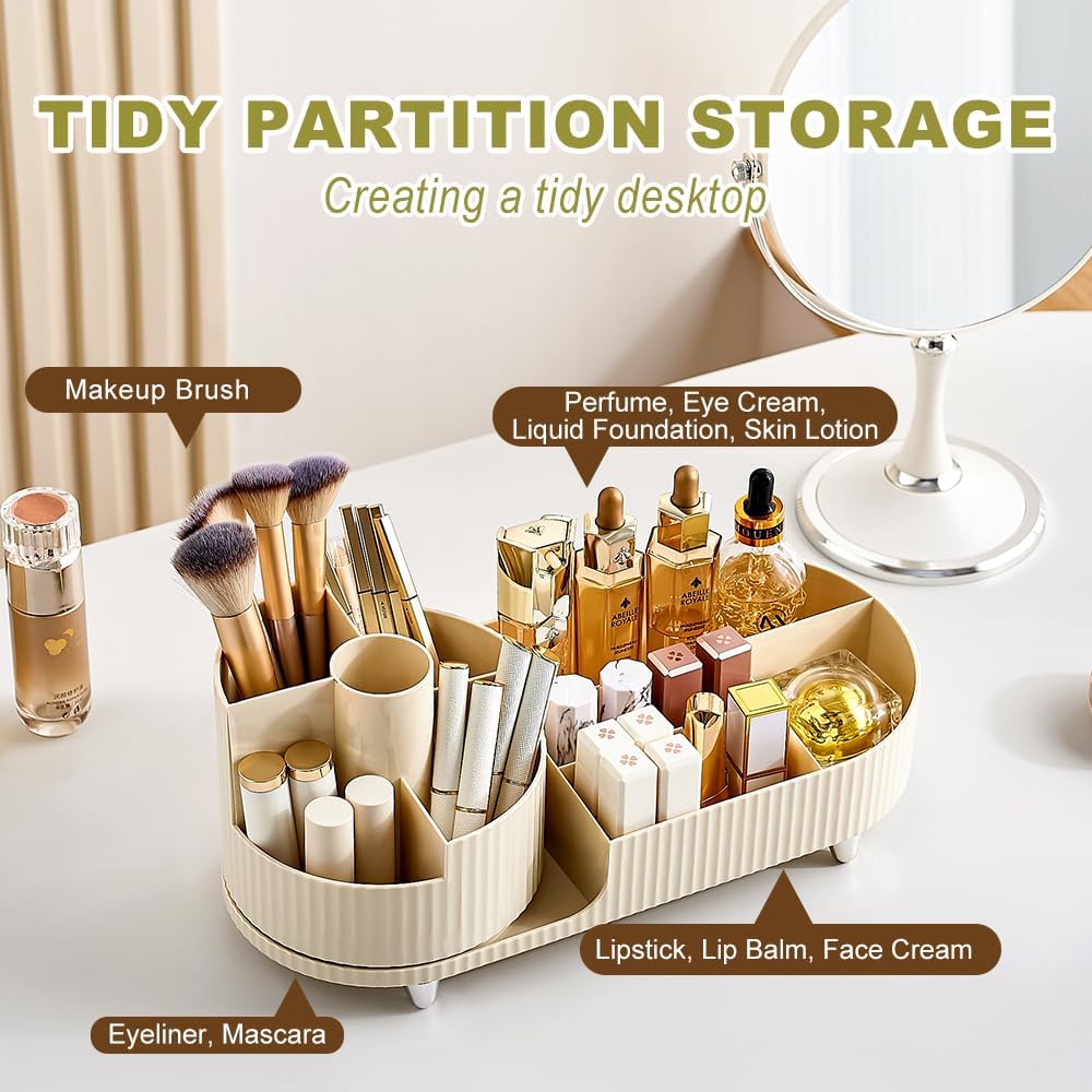 Black and White Color Rotating Makeup Organizer, 360°Rotating Large Capacity Brush Holder, Storage with Compartments for Vanity, Bathroom, Desk Container, Cosmetic Display Cases