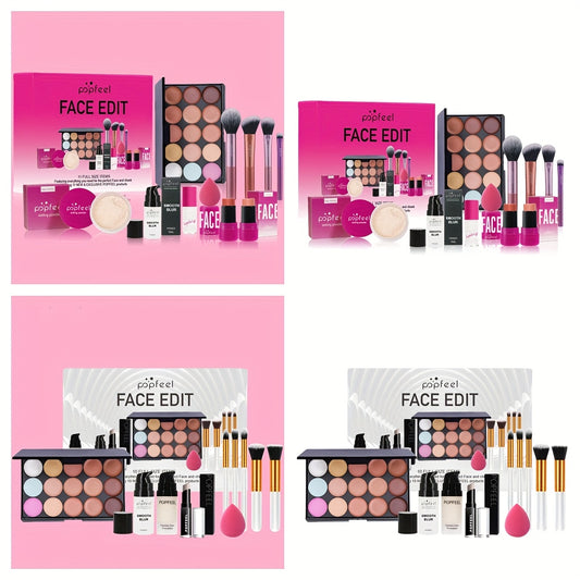 Complete Face Makeup Kit with Face Edit Palette - Waterproof & Sweatproof Long-Lasting Full Coverage, 12-in-1 All-in-One Palette with Primer, Foundation, Concealer, Powder, Blush, Contour, Highlighter, Bronzer, Eyeshadow, Li