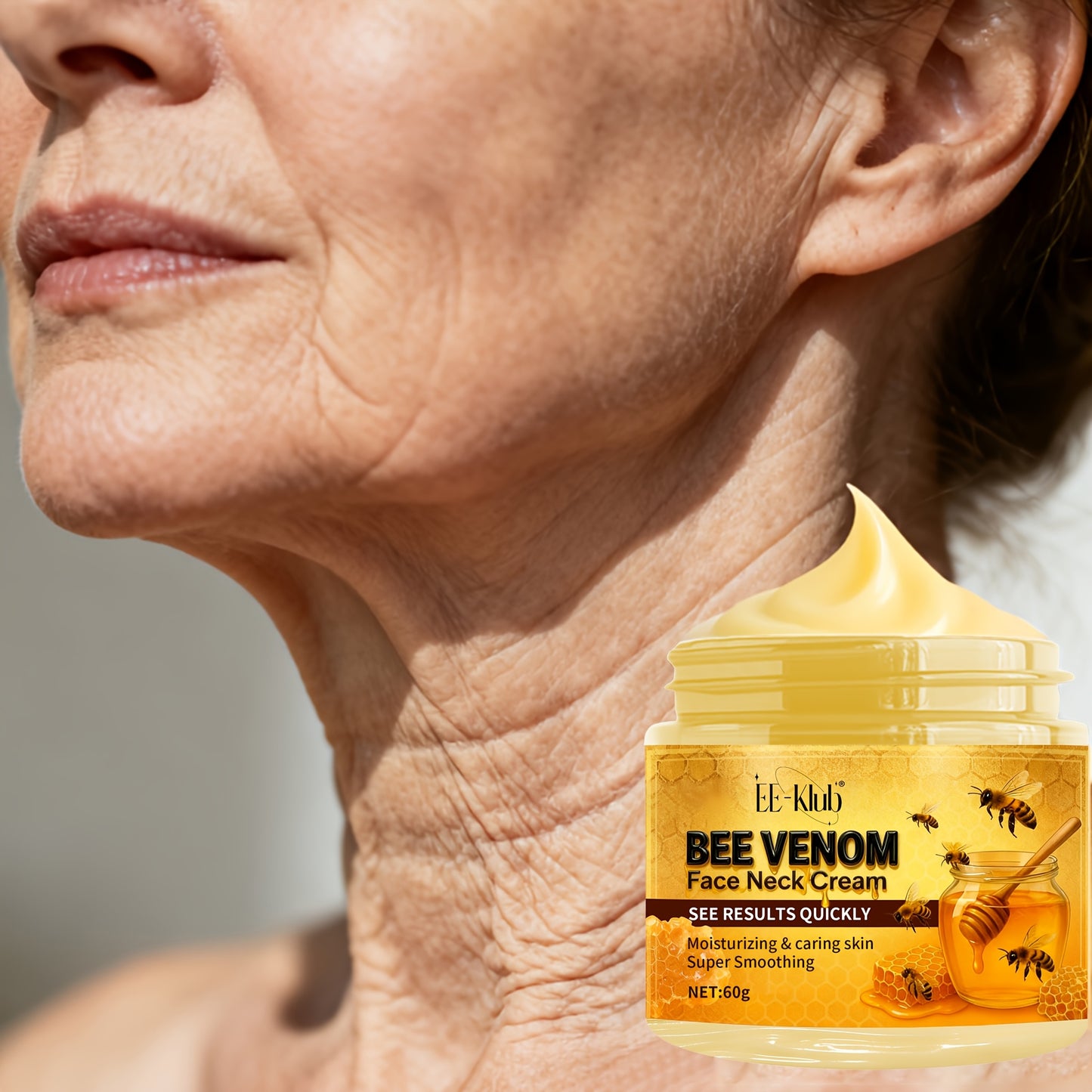 Bee Venom Firming Neck Cream with Light Beige Care Ingredients, Collagen, Bee Toxin, and Hyaluronic Acid to and Fine Lines, Day and Night Use - Light Beige Care, Fashionable Packaging, 60g/2.12oz, Suitable for All Light Beige