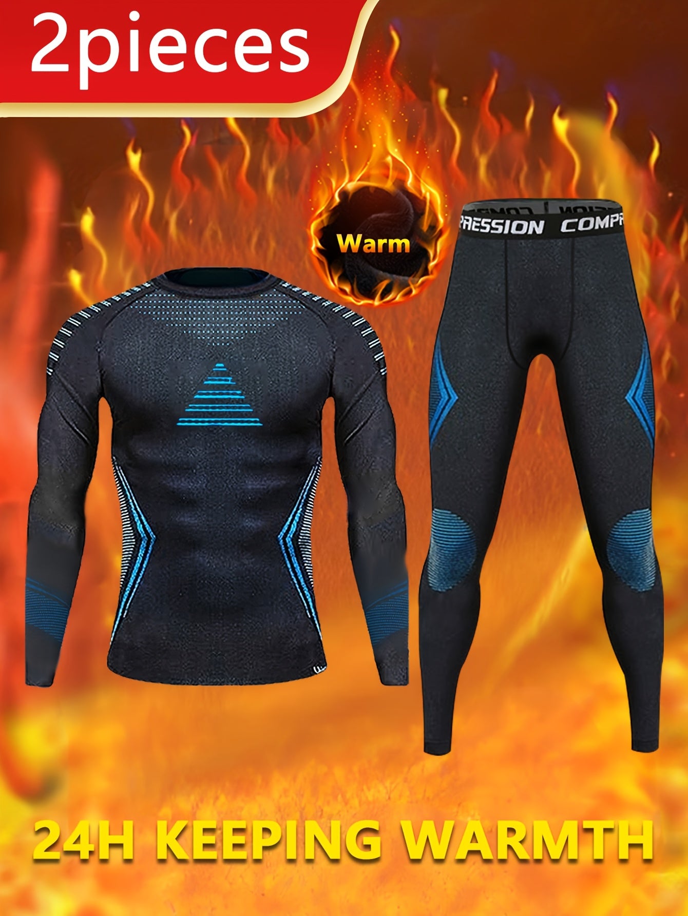 2 PCS Set UK Size  Autumn/Winter Men's Thermal Shapewear Set, Outdoor Skiing Warm Tight Pants and Long-Sleeve Top with Fuzzy Lining for Skating, Cycling Gym Running Yoga & Sports