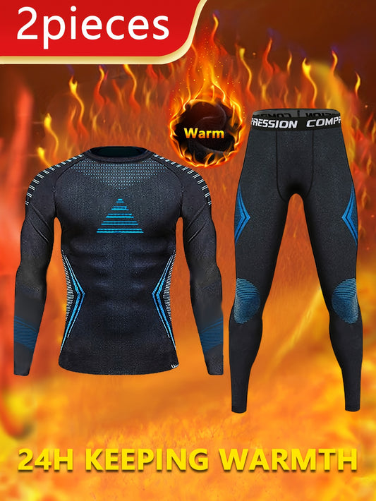 2 PCS Set UK Size  Autumn/Winter Men's Thermal Shapewear Set, Outdoor Skiing Warm Tight Pants and Long-Sleeve Top with Fuzzy Lining for Skating, Cycling Gym Running Yoga & Sports