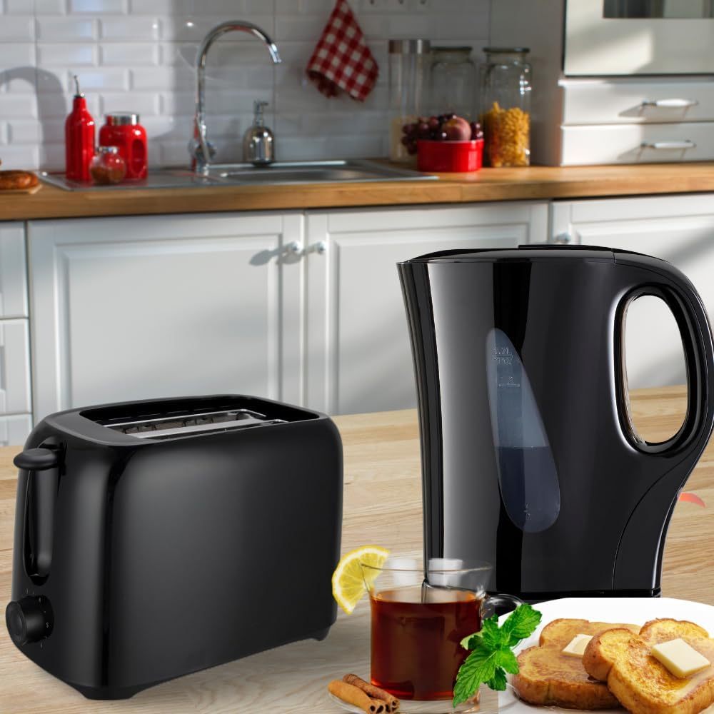 2 PCS Set Kettle & 2 Slice Bread Toaster Kitchen Combo Set | 2200W 1.7L Cordless Jug Kettle Boil Dry Protection & Auto Shut Off | 650W 6 Level with Browning Control & Crumb Tray (Black/White)
