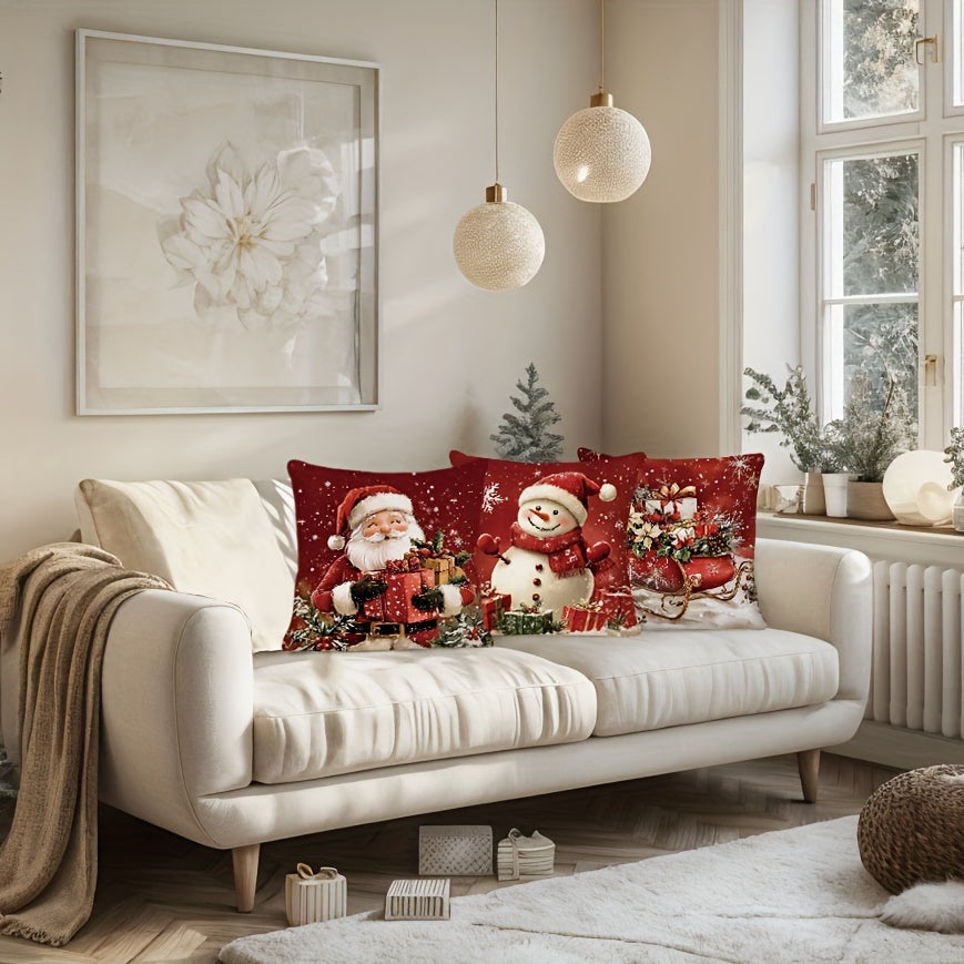 4pcs Festive Christmas Throw Pillow Covers, 45.72x45.72 cm, Zipper Closure, Retro Santa & Snowman Designs with Gift Boxes and Wreaths, Farmhouse Holiday Decor for Porch, Patio, Couch, Sofa, Living Room – No Inserts Included