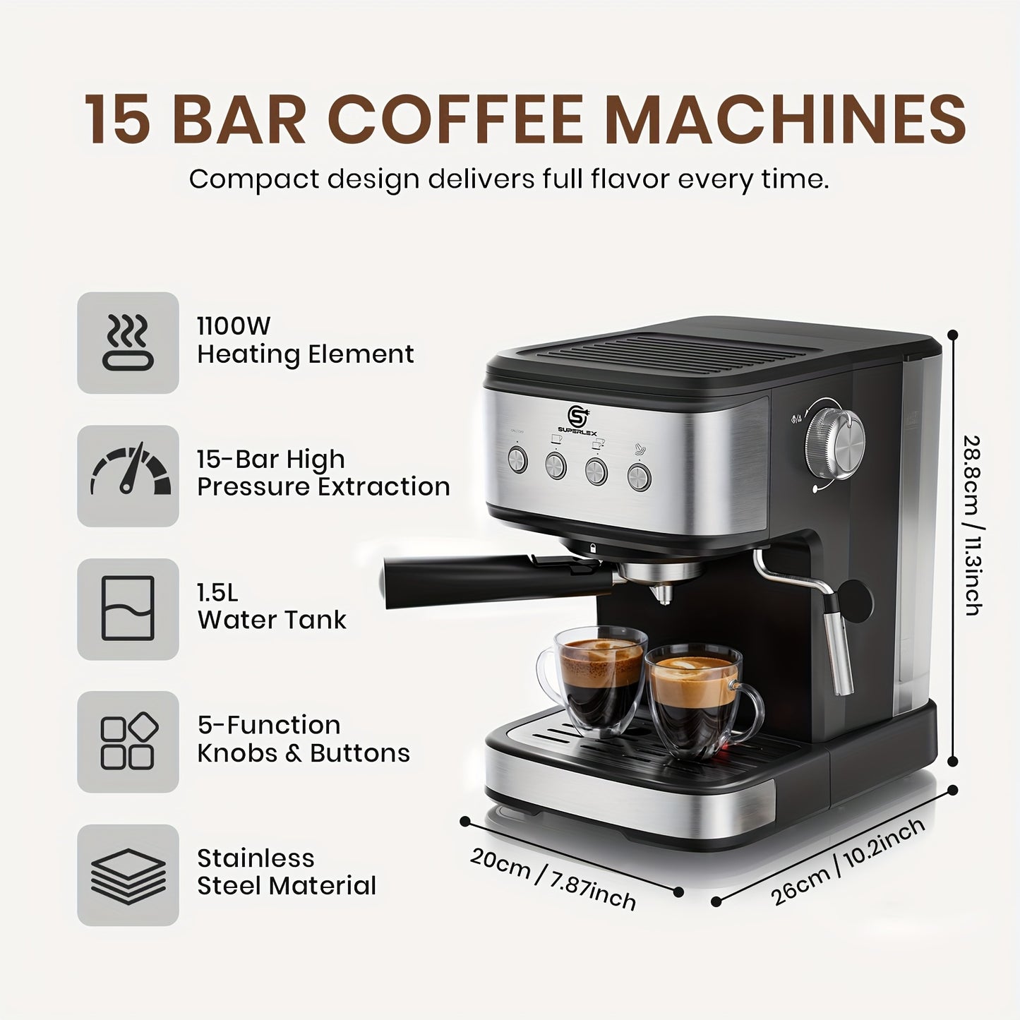 15 Bar E-Pressure Coffee Maker with Milk Frother | 1.5L Water Tank, Die Cast Alloy Boiler, Dual Filters, Professional Cappuccino Latte Machine for Home and Office, 220V-240V, British Specification Plug