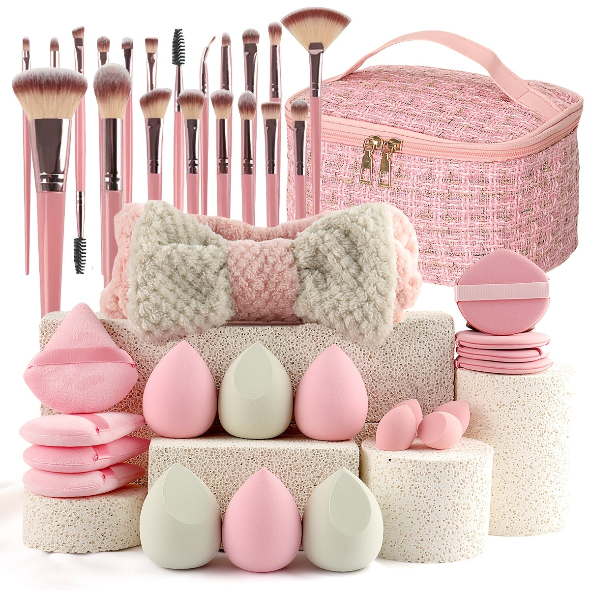 21-40PCS Set Popular Choice of pink makeup kit, the set includes a multi-size soft brush, a variety of makeup eggs, a portable large-capacity travel makeup bag, and a full set of pink Internet celebrity makeup brushes